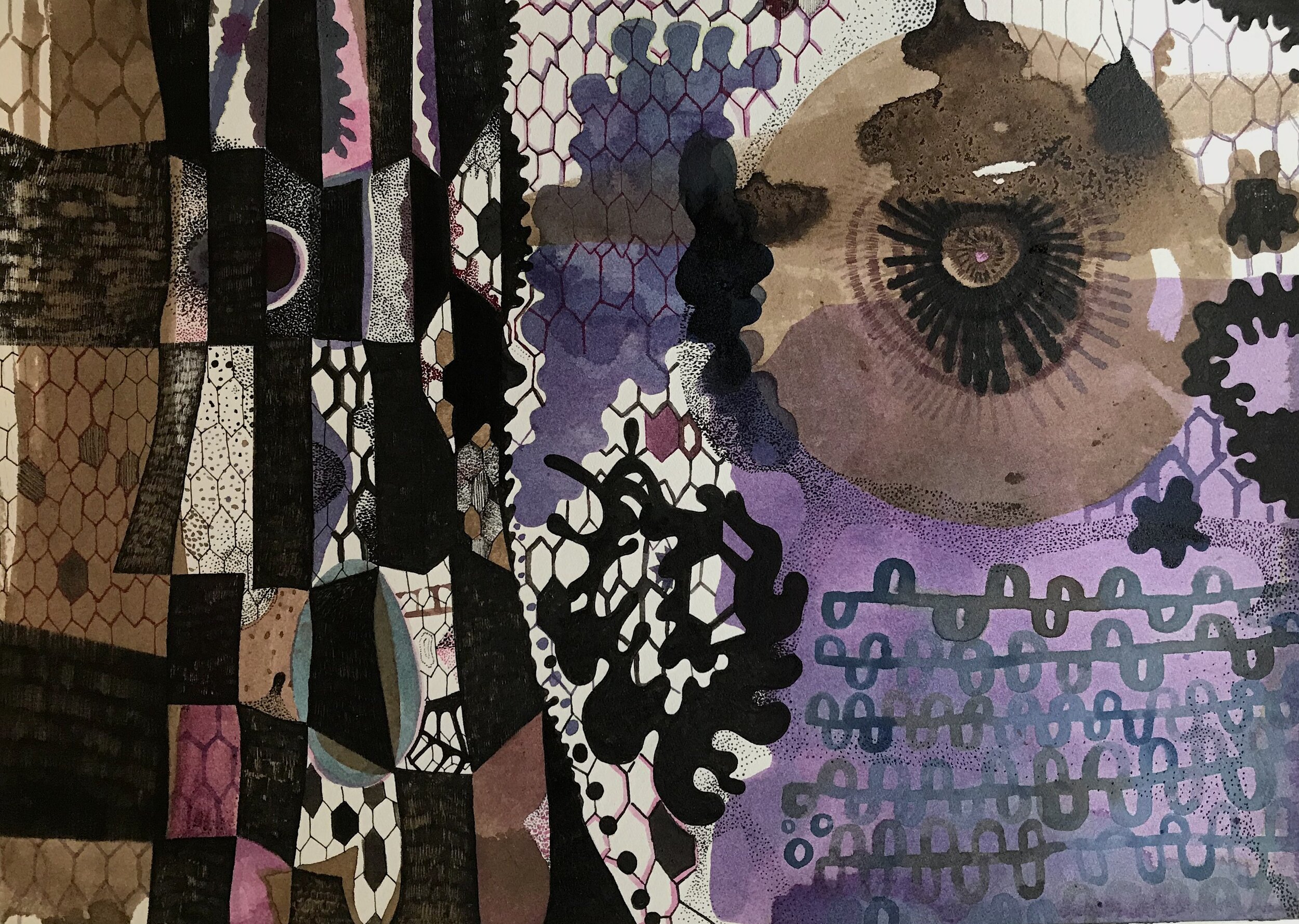 The Traps #17, 2020, water color, walnut and india ink on paper, 10 x 18 inches
